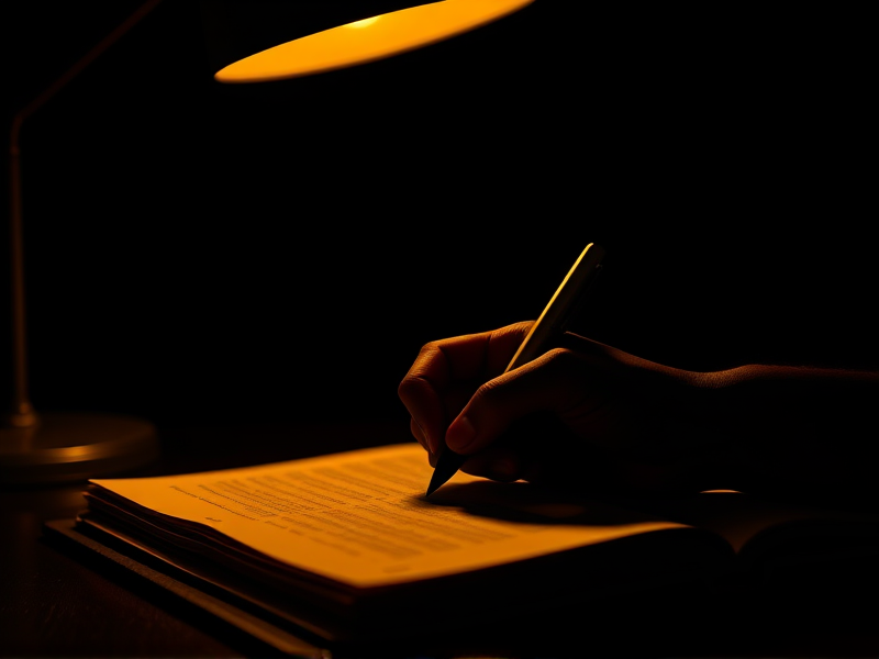 Writing the script under a desk lamp