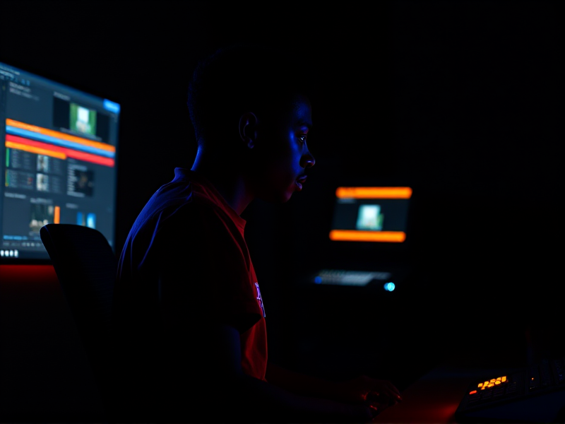 Editing timeline glowing in a dark room